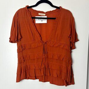 Rust Orange Short Sleeve Tiered V-neck Top